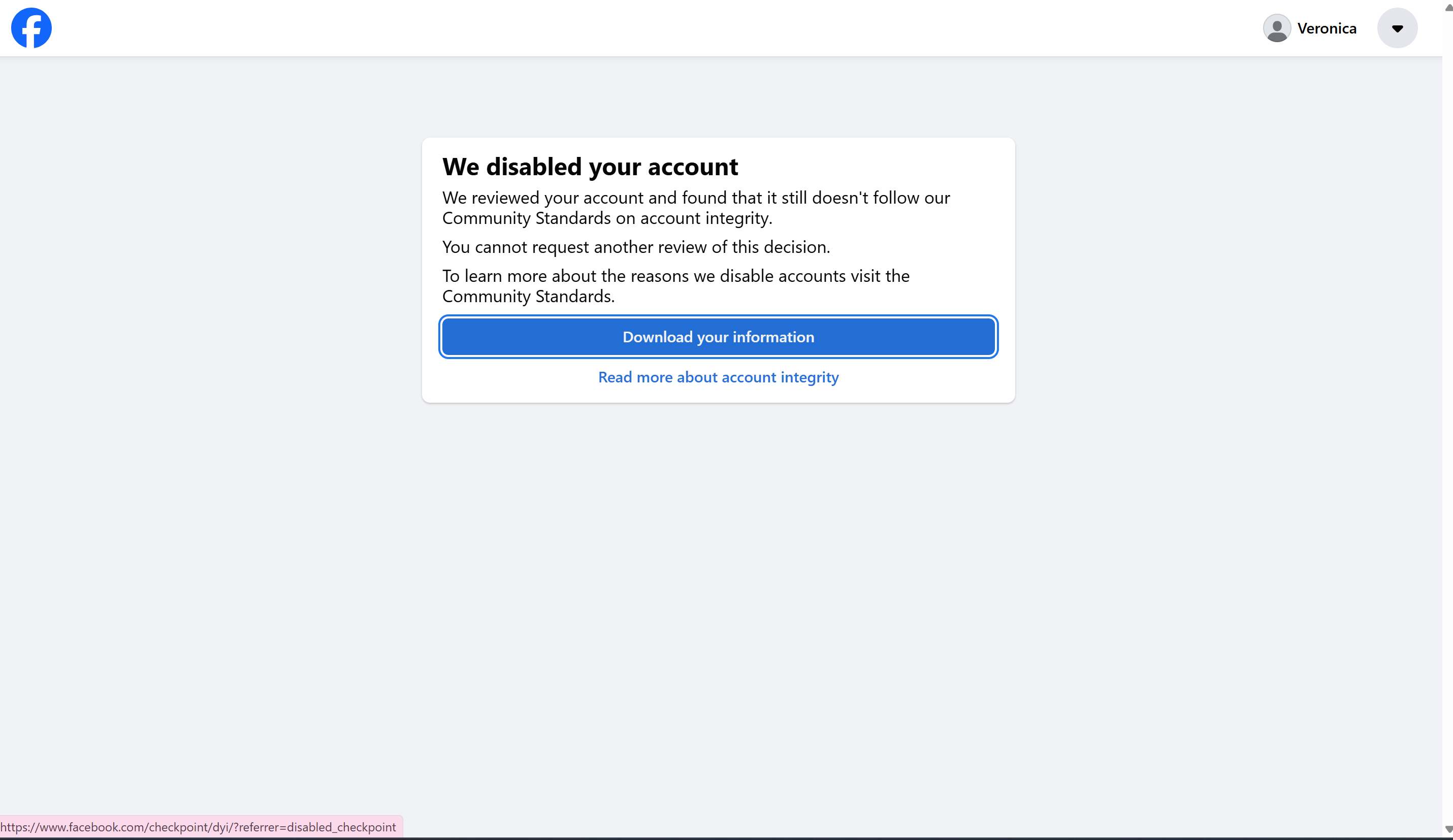 Facebook rejection message